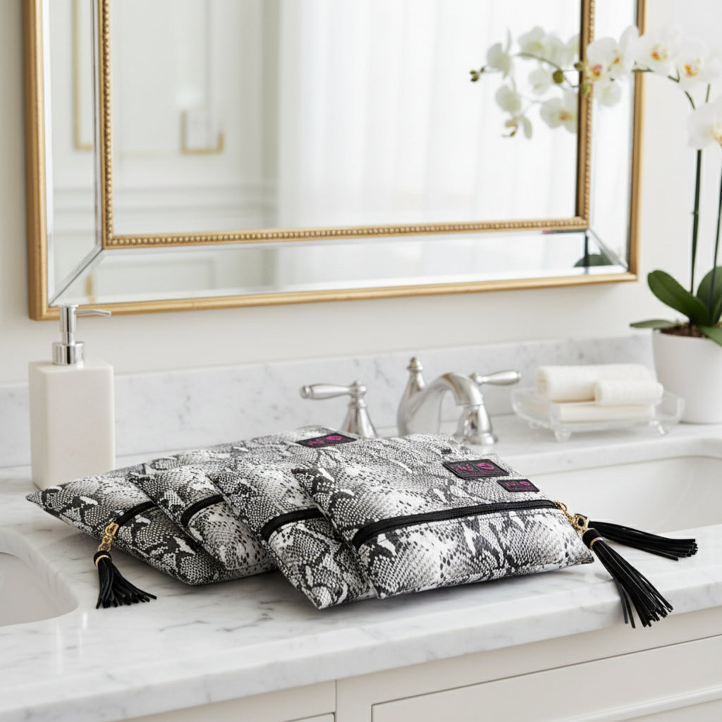 Set of black and white patterned bags with tassels and visible brand logos on a white background