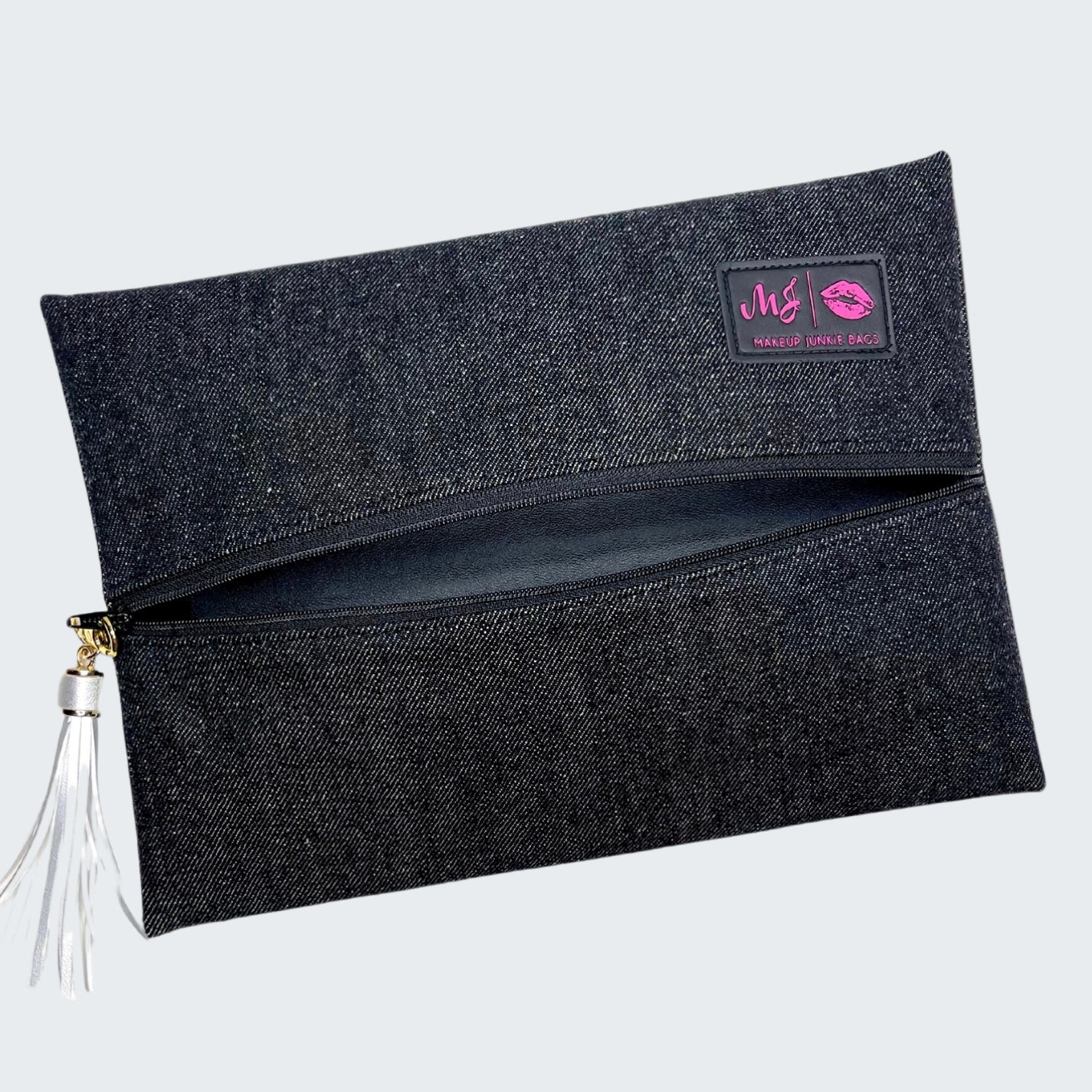 Black clutch bag with a visible brand logo on a white background