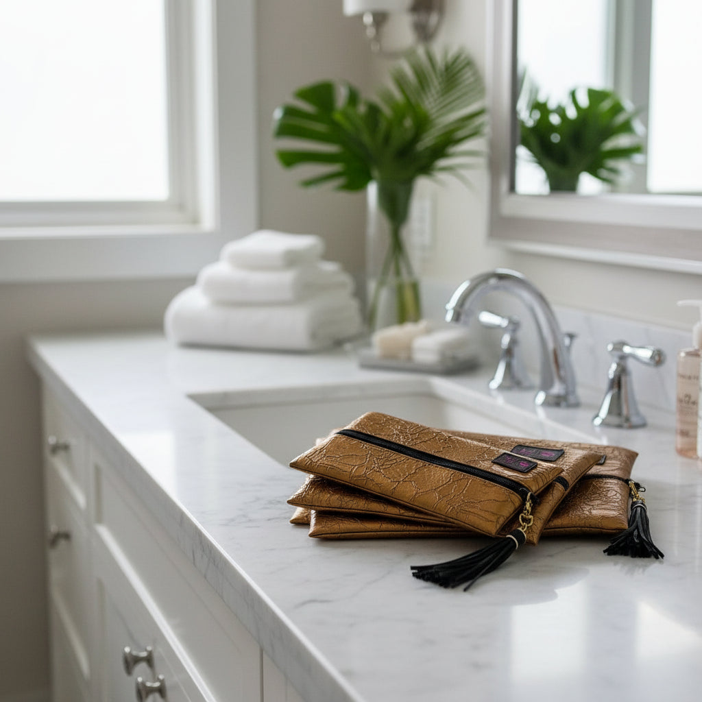 Set of gold clutch bags with black tassels and visible brand logo on a white background