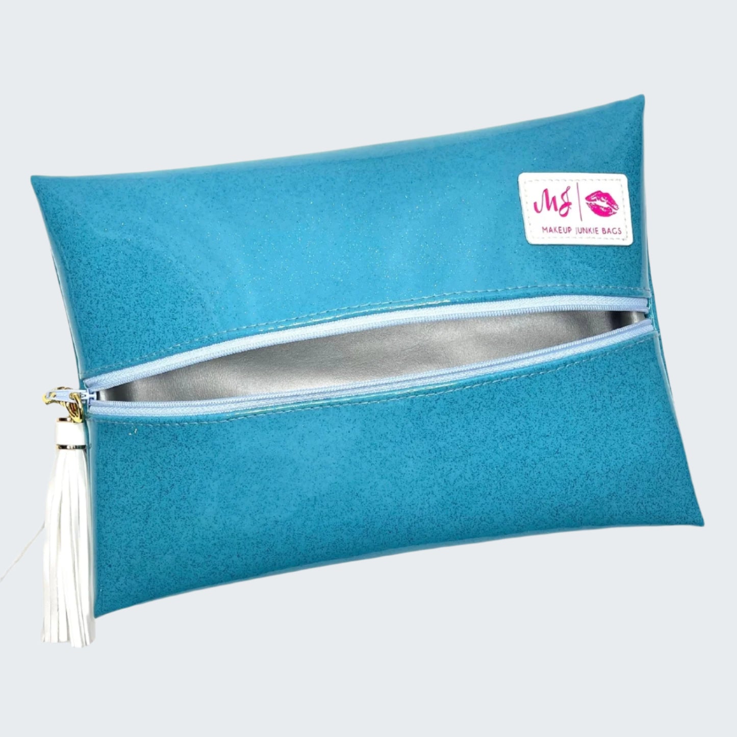Blue pouch with a silver interior and visible brand logo on a white background