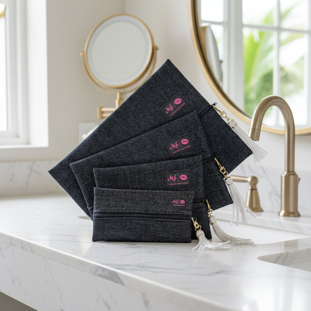 Set of dark denim pouches with gold zippers and white tassels on a white background