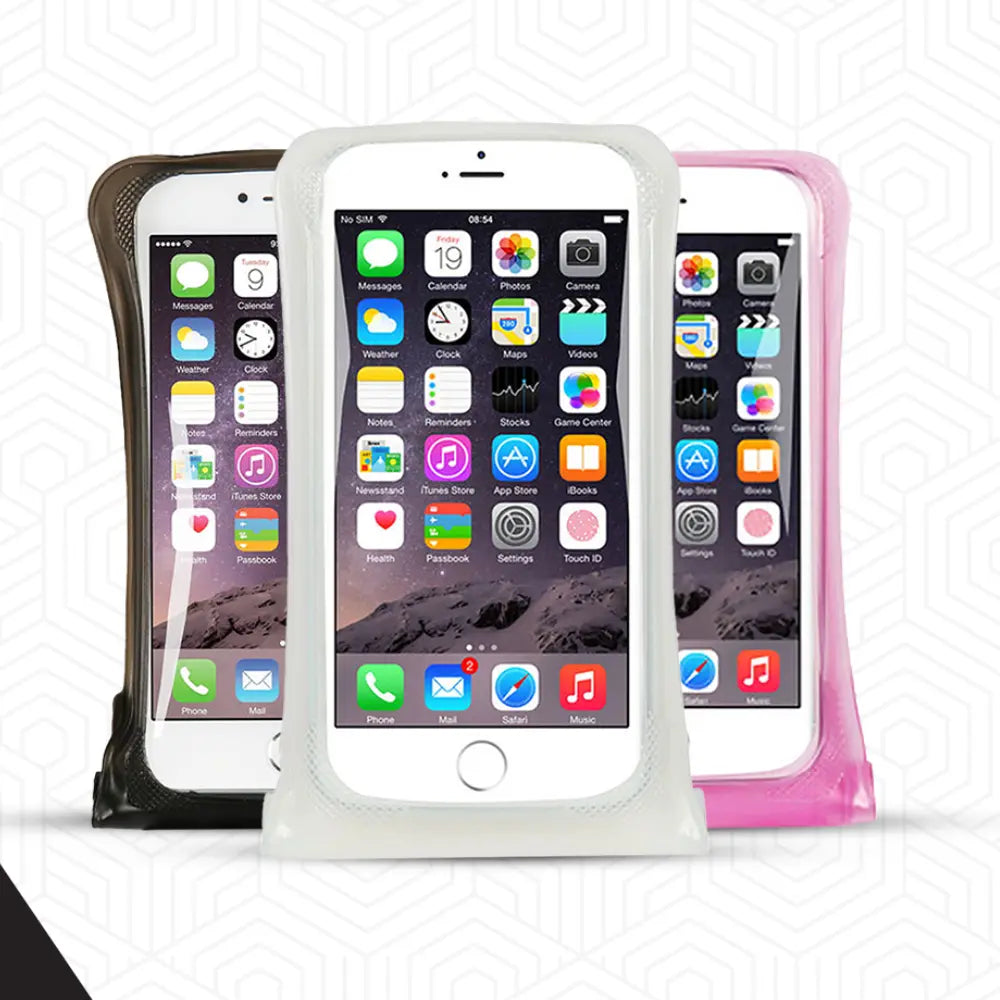 Three phone cases in black, white, and pink with a smartphone displaying app icons on a white background.