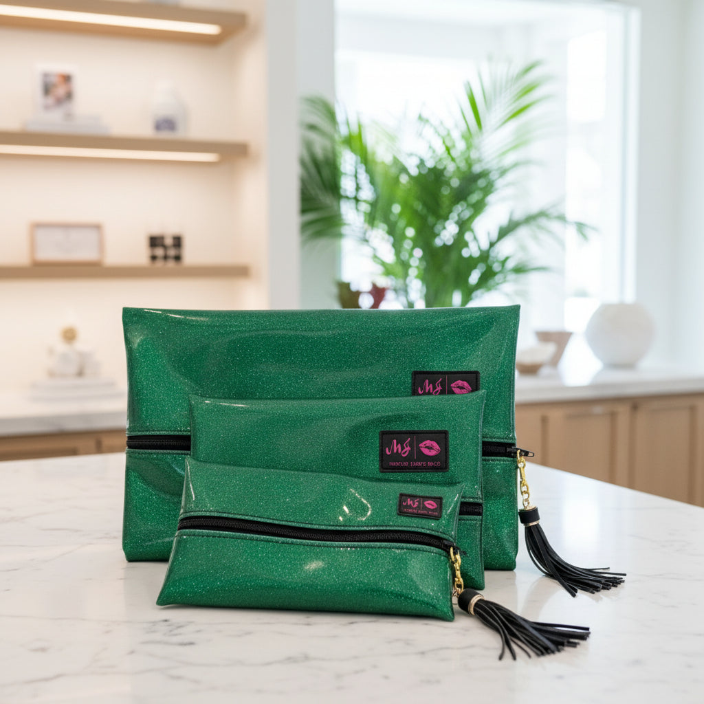 Green glittery pouches with black tassels and visible brand logo on a white background