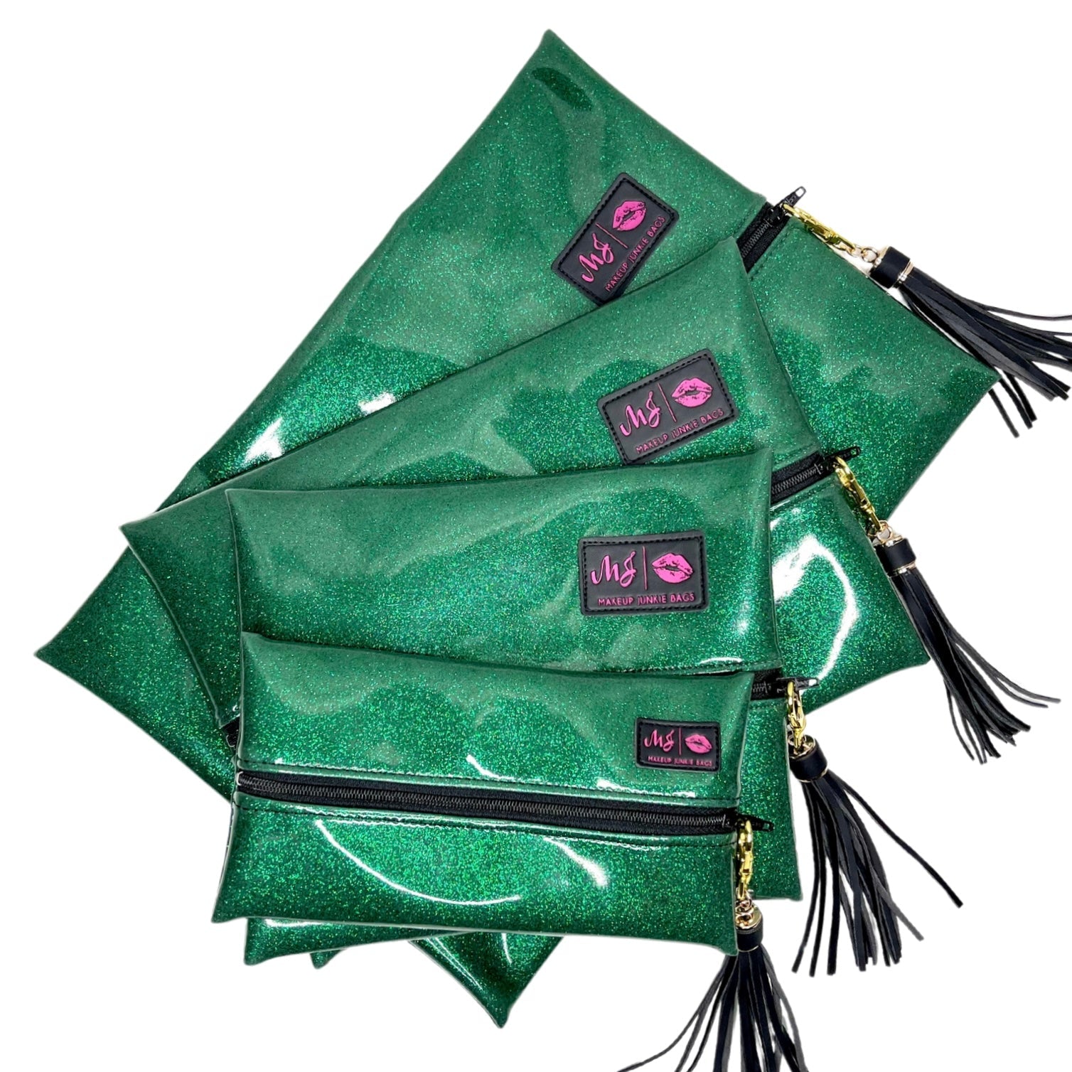 Green glittery pouches with black tassels and visible brand logo on a white background