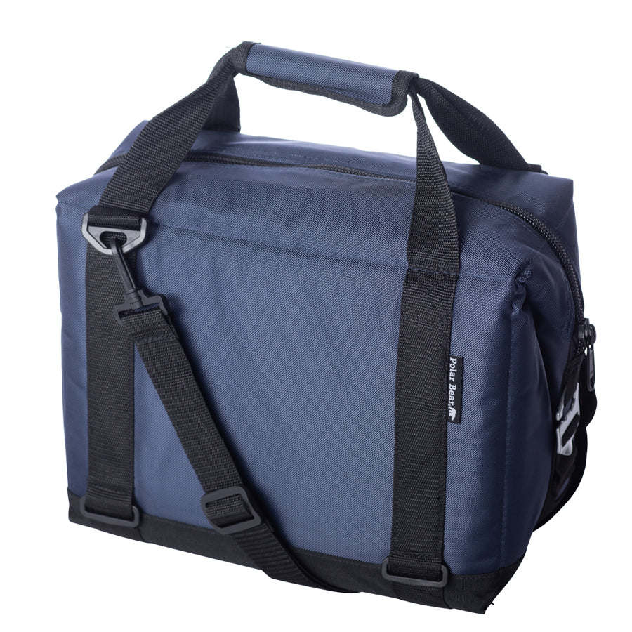 Blue duffel bag with black straps on a white background