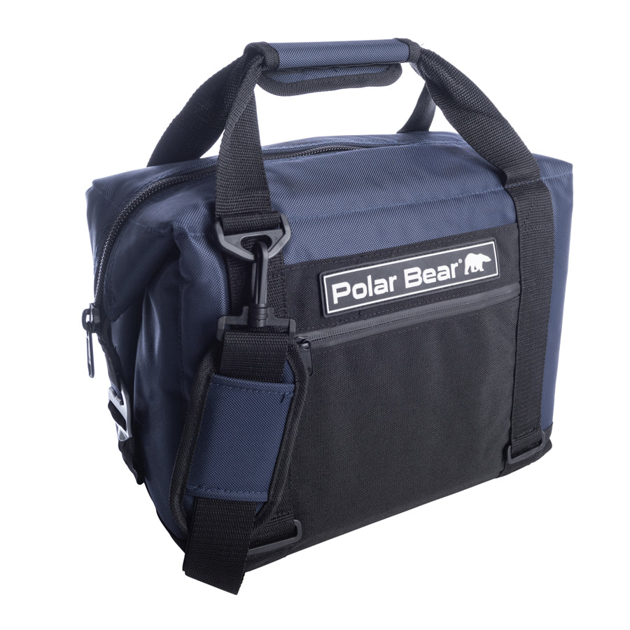 Blue bag with a black strap and 'Polar Bear' logo on a white background