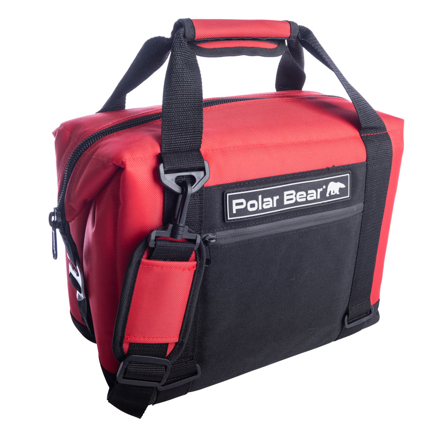 Red and black cooler bag with 'Polar Bear' logo on a white background
