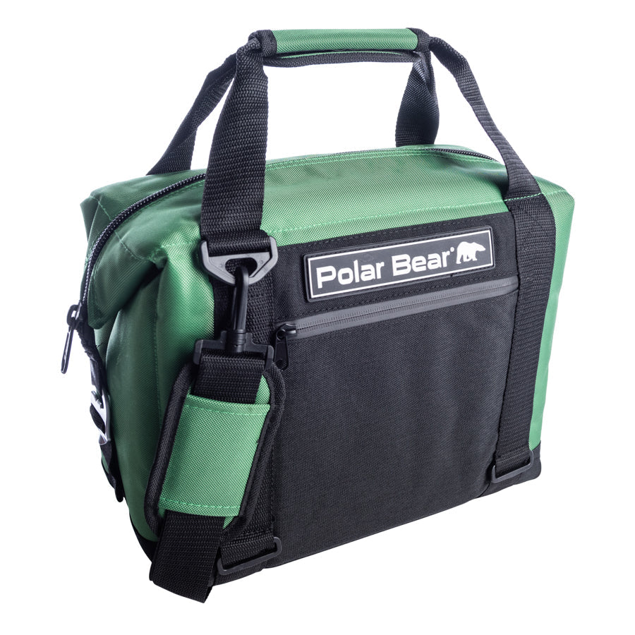 Green and black cooler bag with 'Polar Bear' logo on a white background