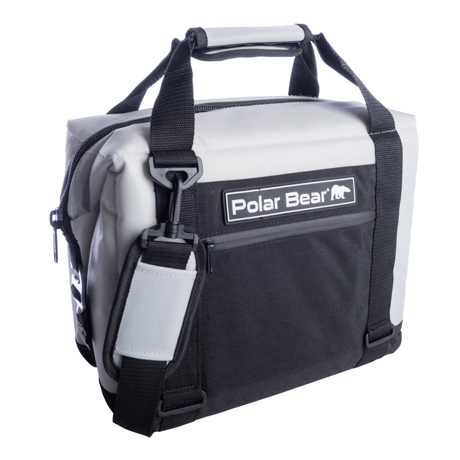 Gray and black cooler bag with 'Polar Bear' logo on a white background