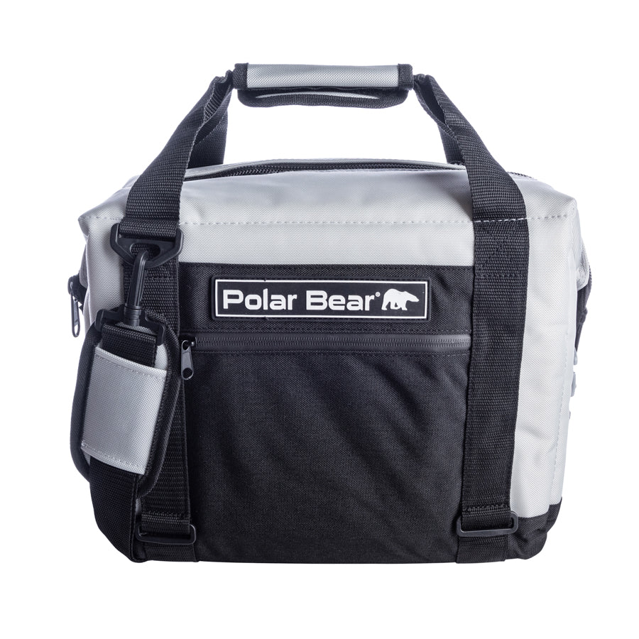 Black and gray cooler bag with 'Polar Bear' logo on a white background