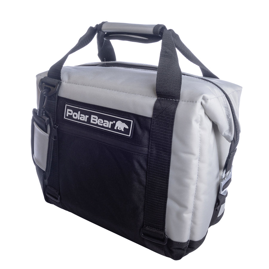 Black and gray cooler bag with 'Polar Bear' logo on a white background
