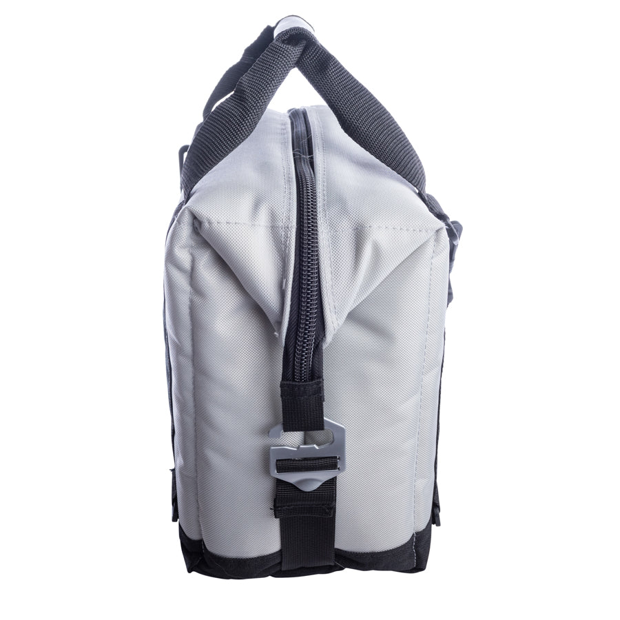 Gray backpack with black straps on a white background