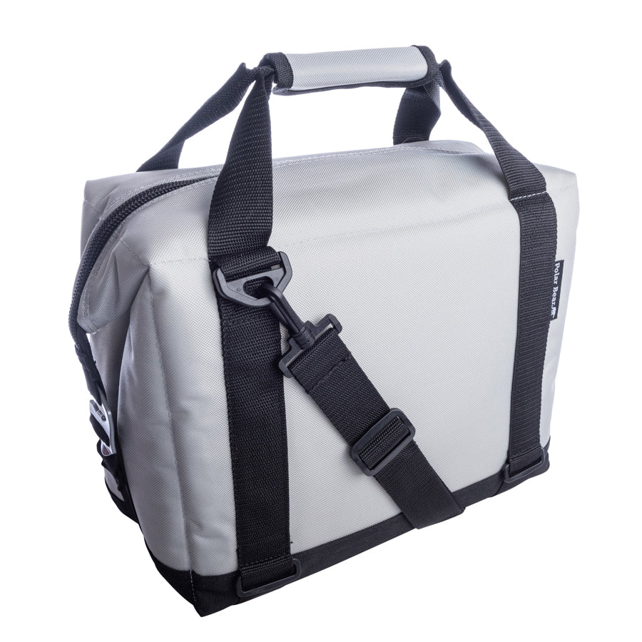 Gray bag with black straps on a white background
