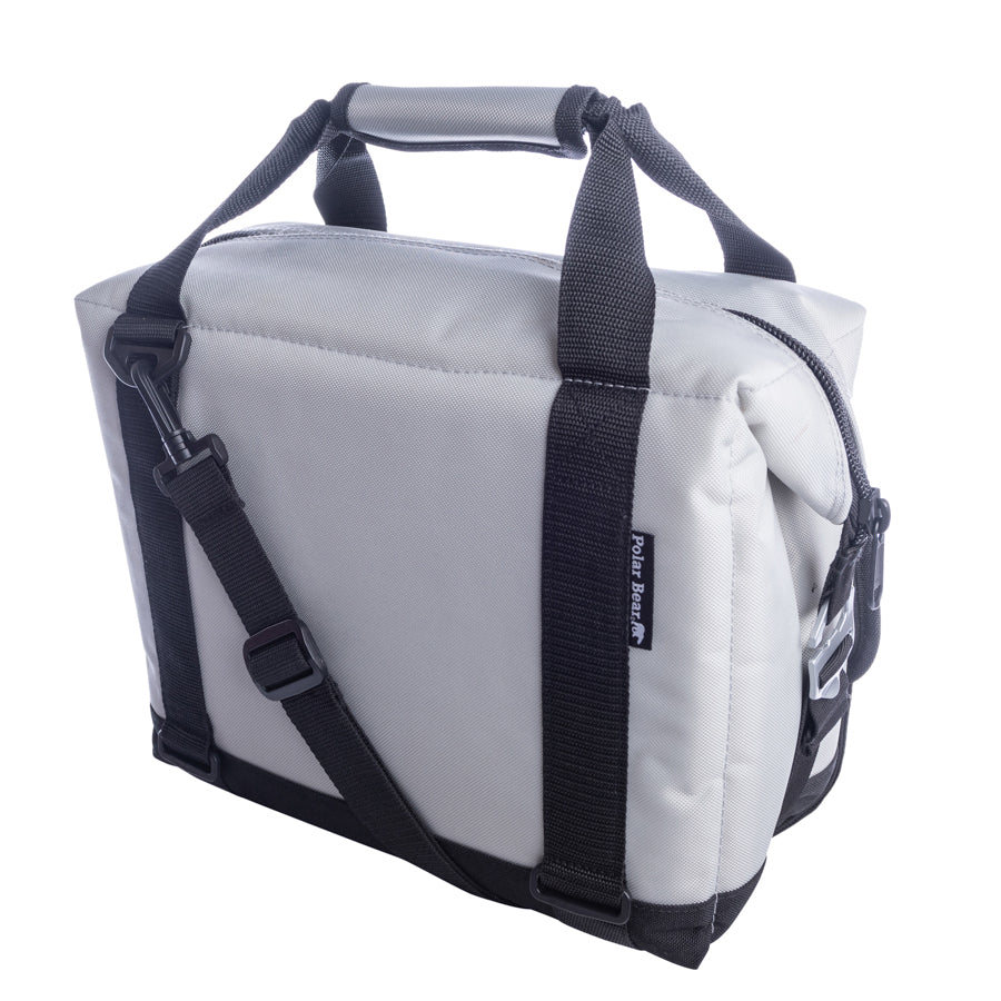 Gray cooler bag with black straps on a white background
