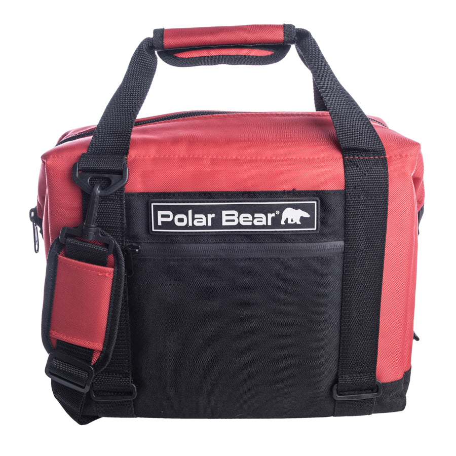 Red and black cooler bag with 'Polar Bear' logo on a white background