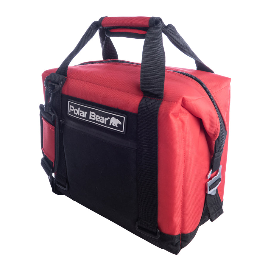 Red cooler bag with black straps and a visible 'Polar Bear' logo on a white background
