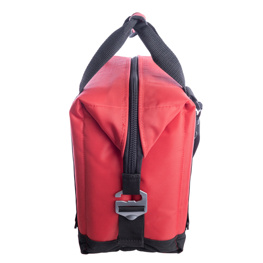 Red backpack with black straps on a white background