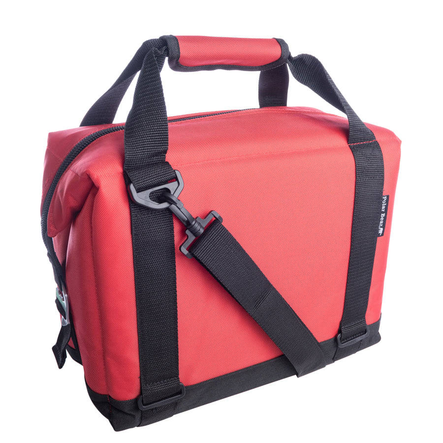 Red bag with black straps on a white background