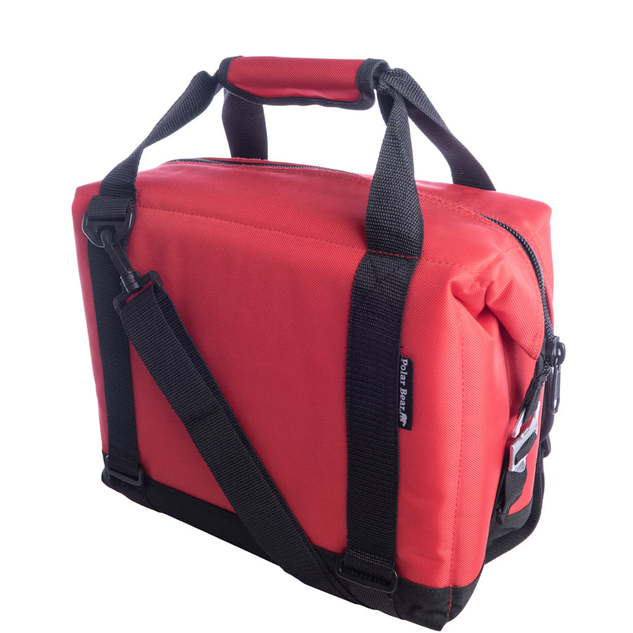 Red bag with black straps on a white background