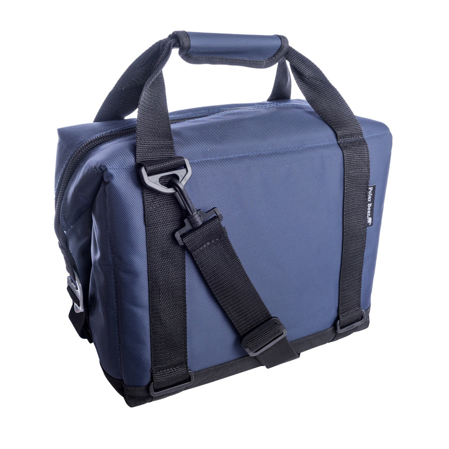 Blue bag with black straps on a white background
