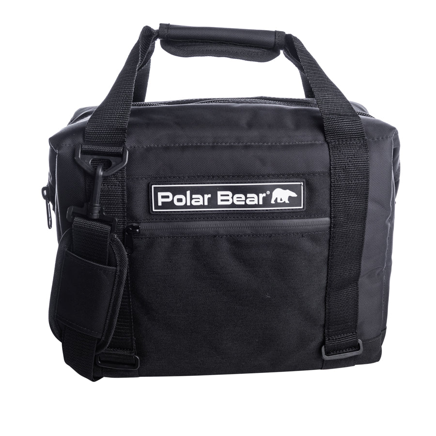 Black cooler bag with 'Polar Bear' logo on a white background