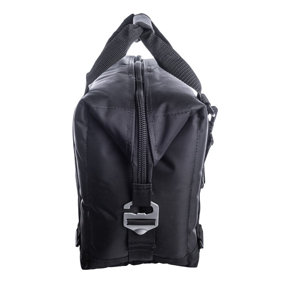 Black sling bag with a strap on a white background