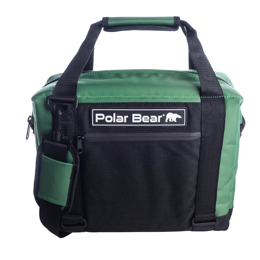 Green and black cooler bag with 'Polar Bear' logo on a white background