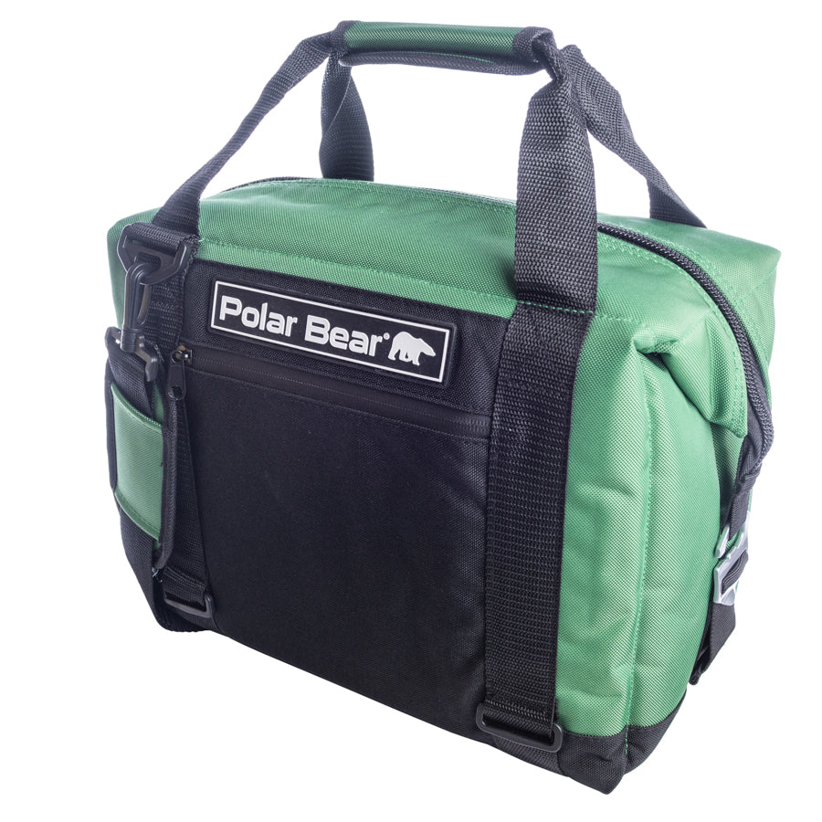 Green and black cooler bag with 'Polar Bear' logo on a white background