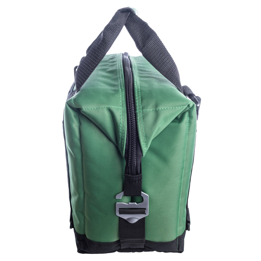 Green bag with a black strap on a white background