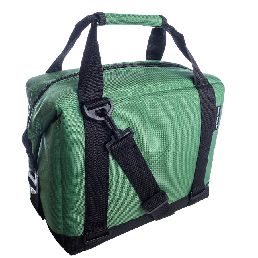 Green bag with black straps on a white background