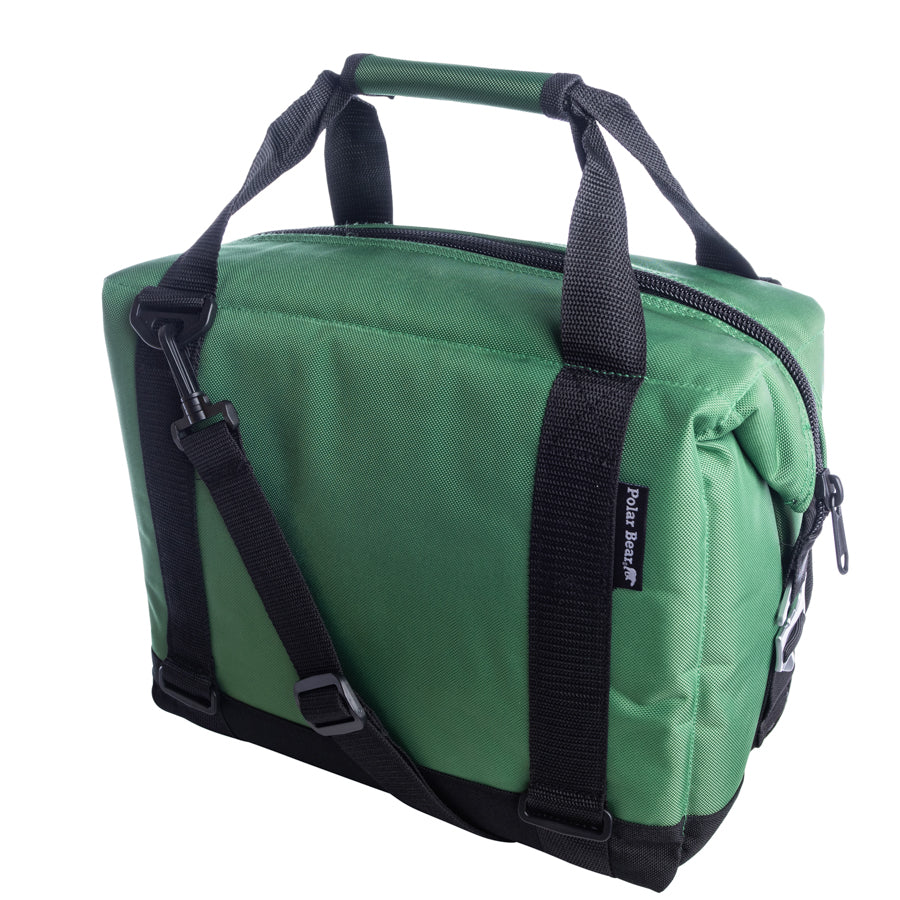 Green bag with black straps on a white background