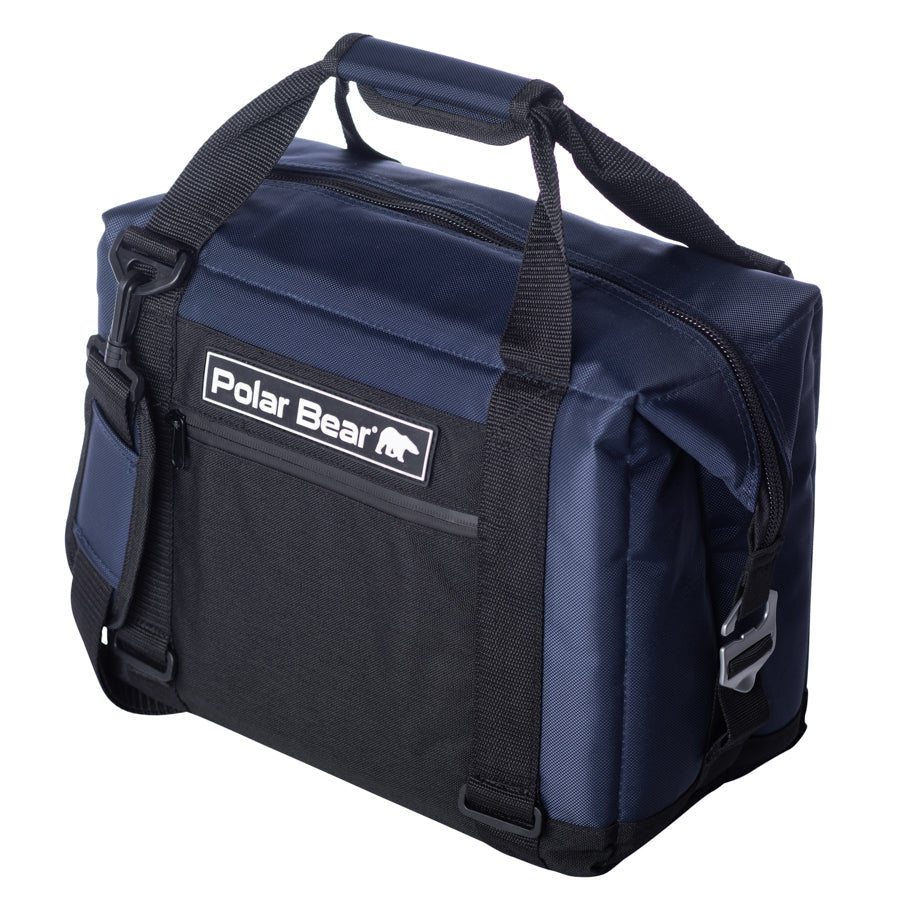 Navy blue cooler bag with black straps on a white background, featuring the Polar Bear logo.