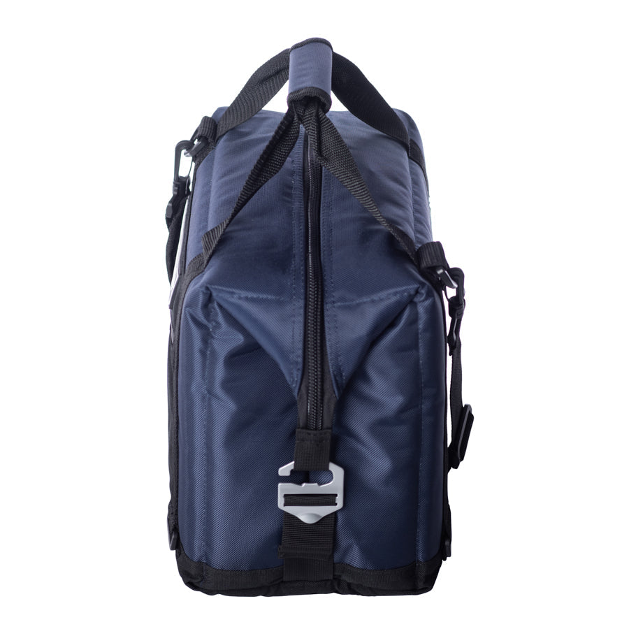 Navy blue backpack with black straps on a white background