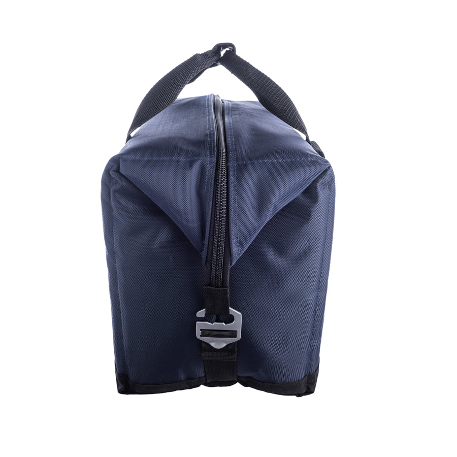 Navy blue bag with a black strap on a white background