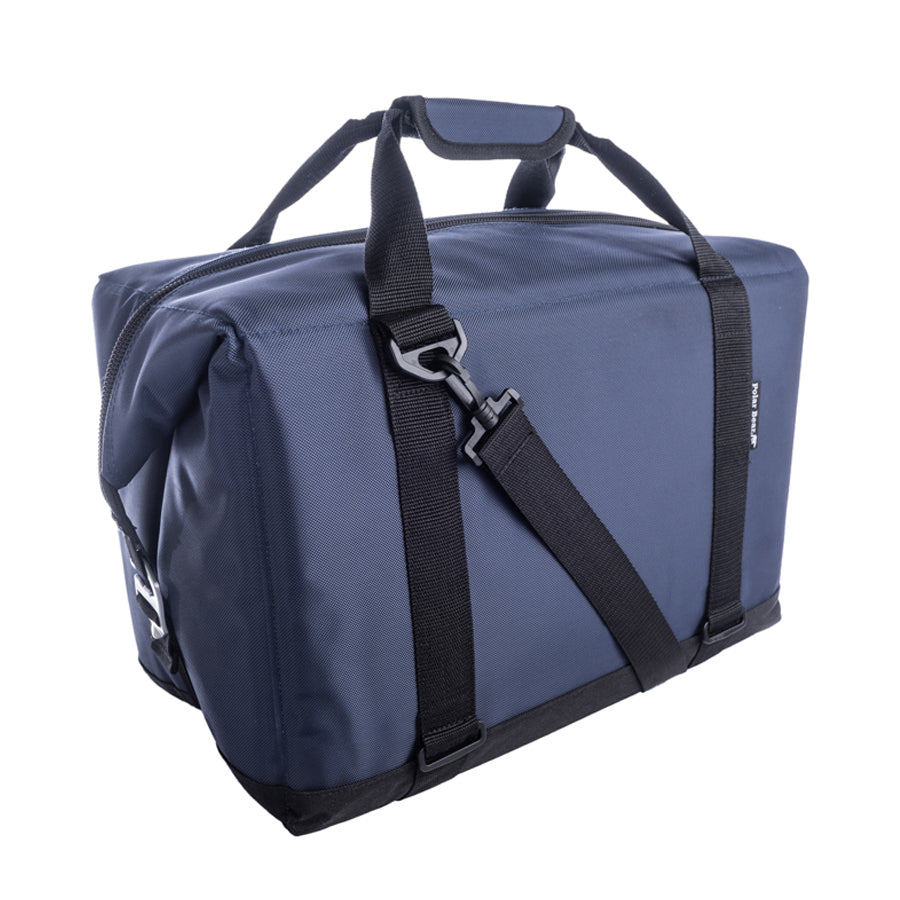 Blue duffel bag with black straps on a white background