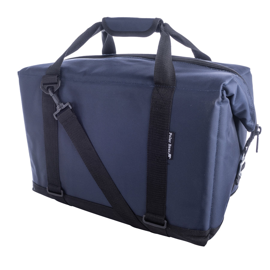 Blue duffel bag with black straps on a white background