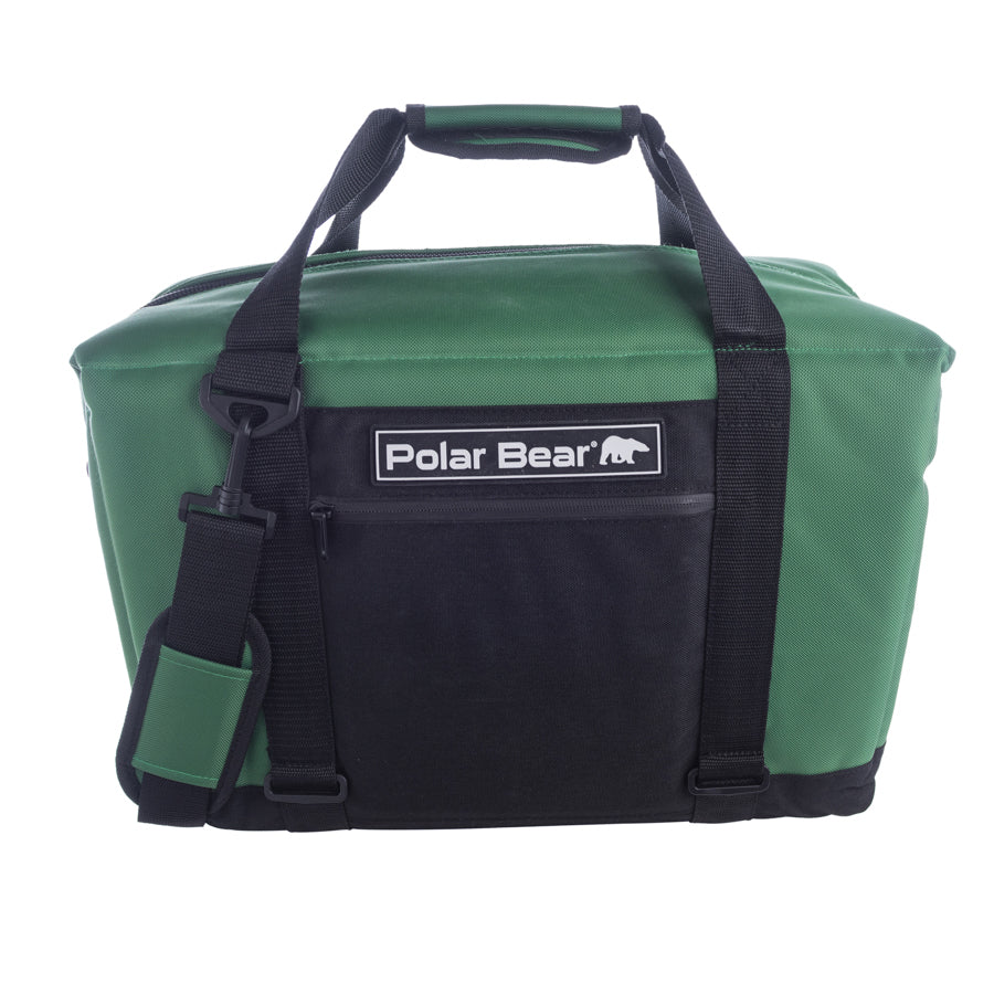 Green cooler bag with black straps and 'Polar Bear' logo on a white background