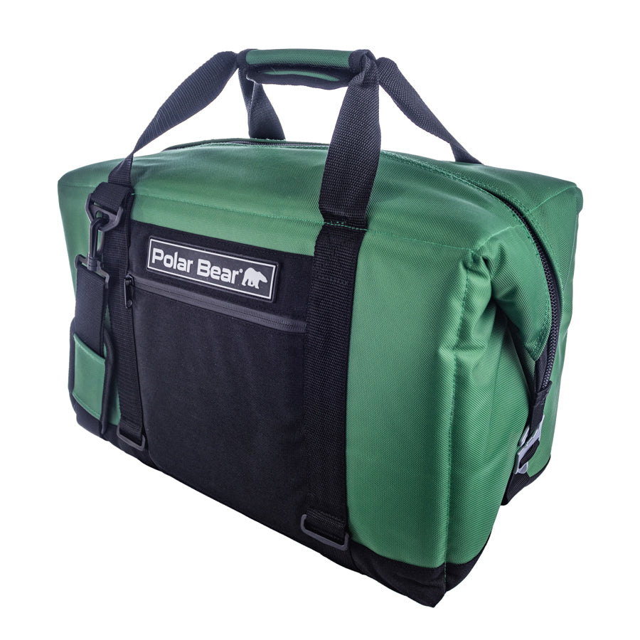 Green duffel bag with black accents and a visible brand logo on a white background