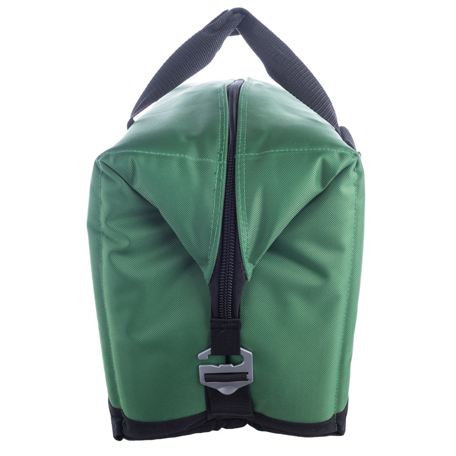 Green bag with a black strap and buckle on a white background