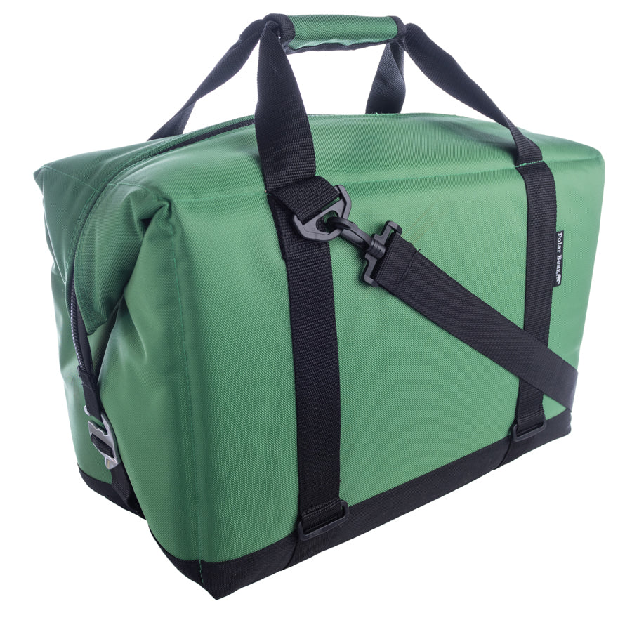 Green duffel bag with black straps on a white background