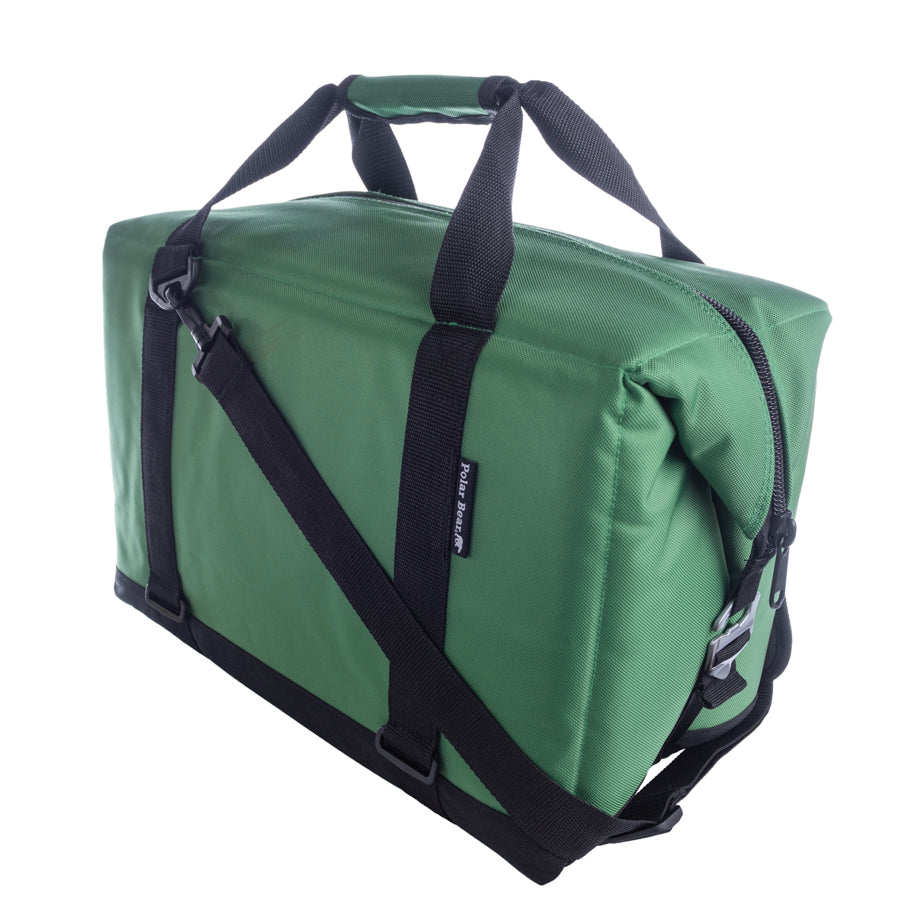 Green duffel bag with black straps on a white background