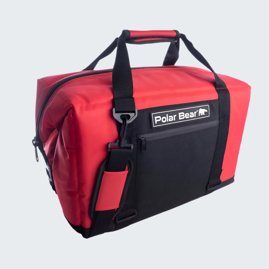 Red and black duffel bag with 'Polar Bear' logo on a white background