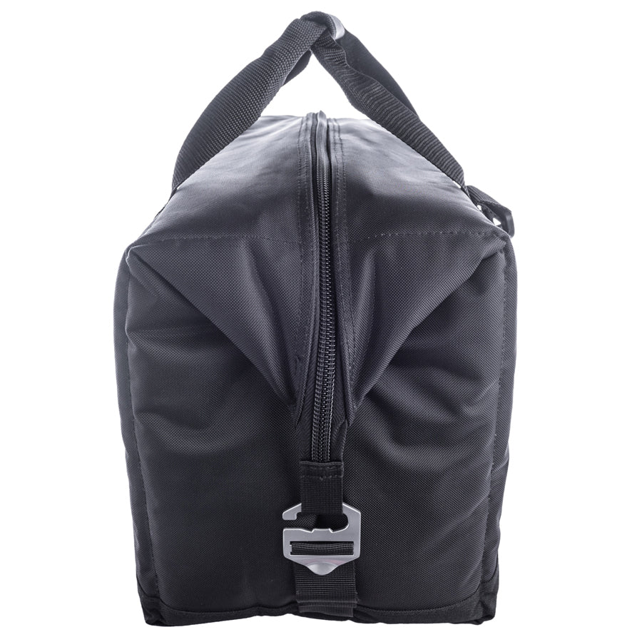 Black duffel bag with a zipper on a white background