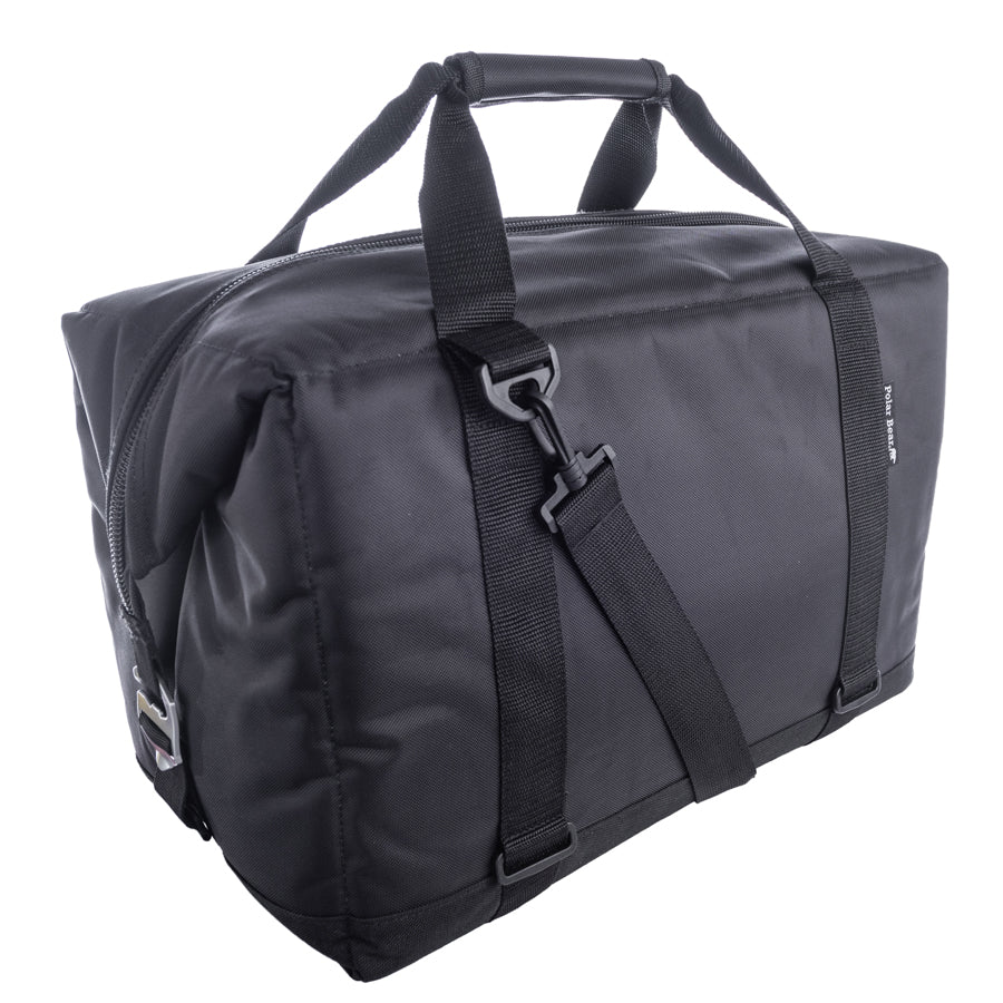 Black duffel bag with straps on a white background