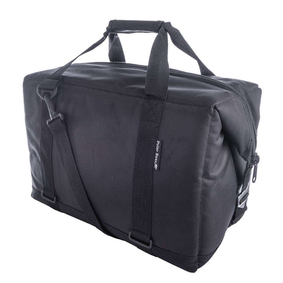 Black duffel bag with multiple straps on a white background