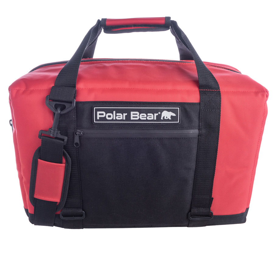 Red and black duffel bag with 'Polar Bear' logo on a white background