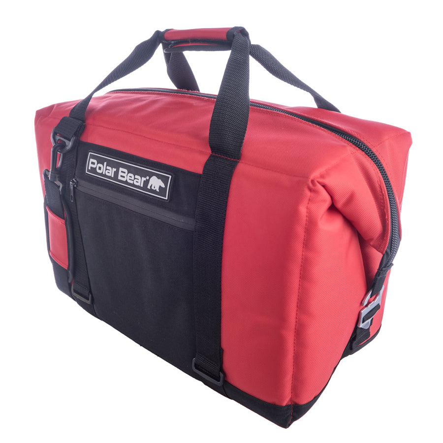 Red and black duffel bag with 'Polar Bear' logo on a white background
