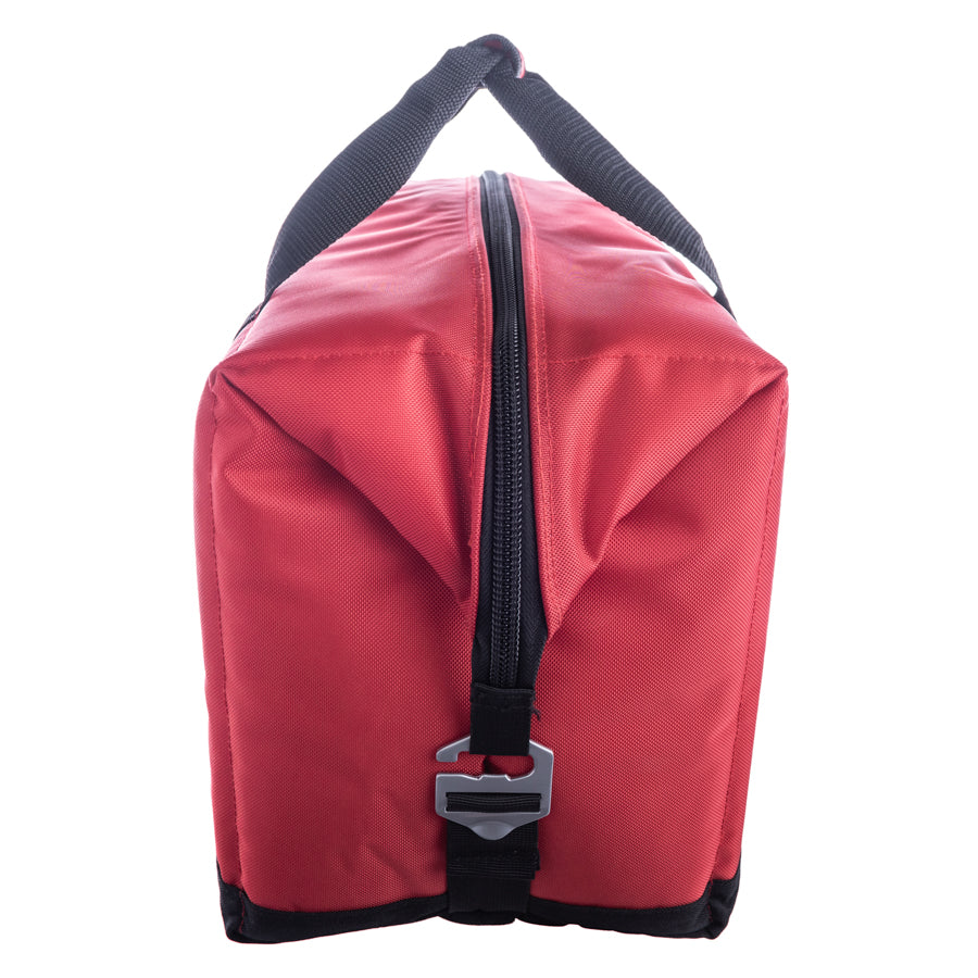 Red bag with a black strap and buckle on a white background