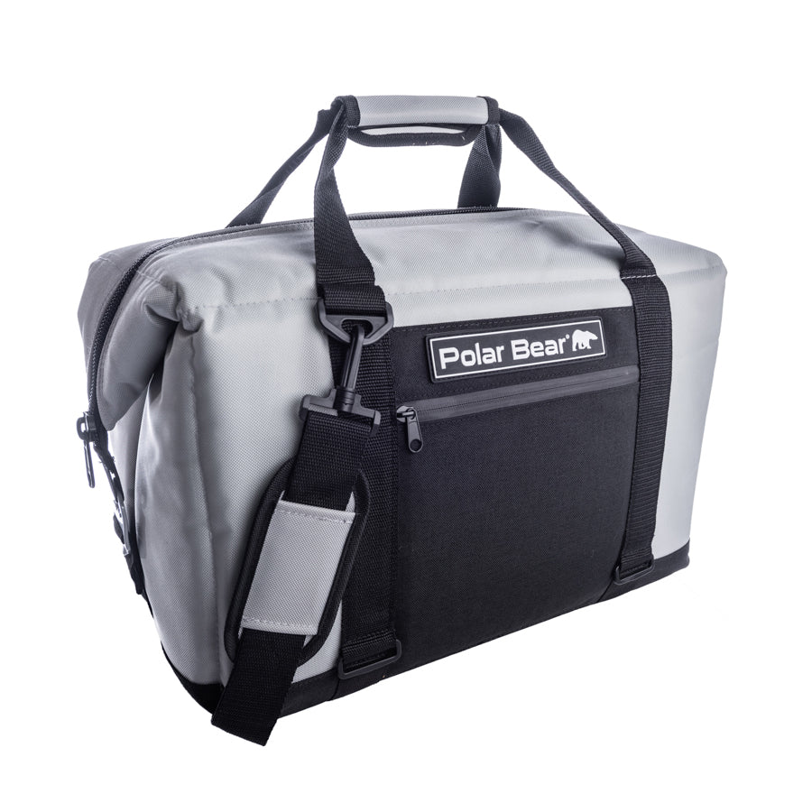Gray and black cooler bag with 'Polar Bear' logo on a white background