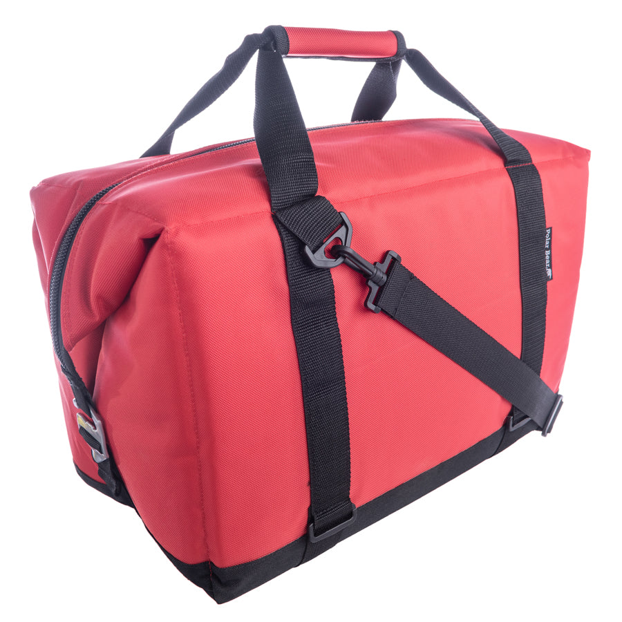 Red duffel bag with black straps on a white background